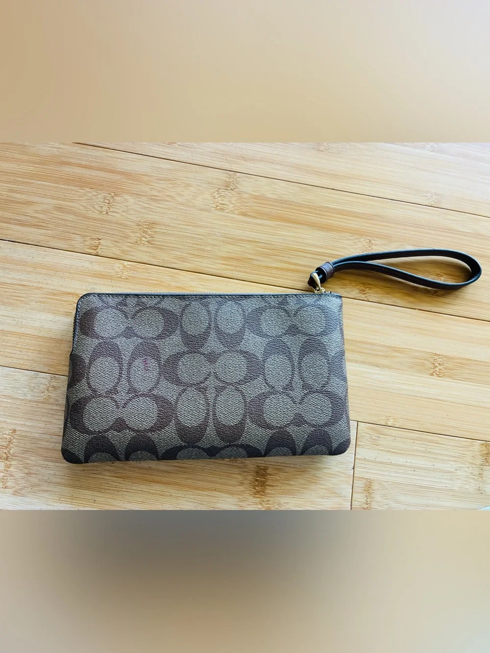 Coach Brown Signature Canvas Large Wristlet with Gold Logo